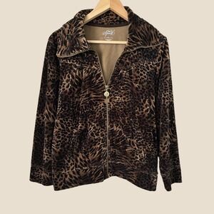 Style & Co Sport Womens Leopard Print Velour Full Zip Jacket Brown Petite Large
